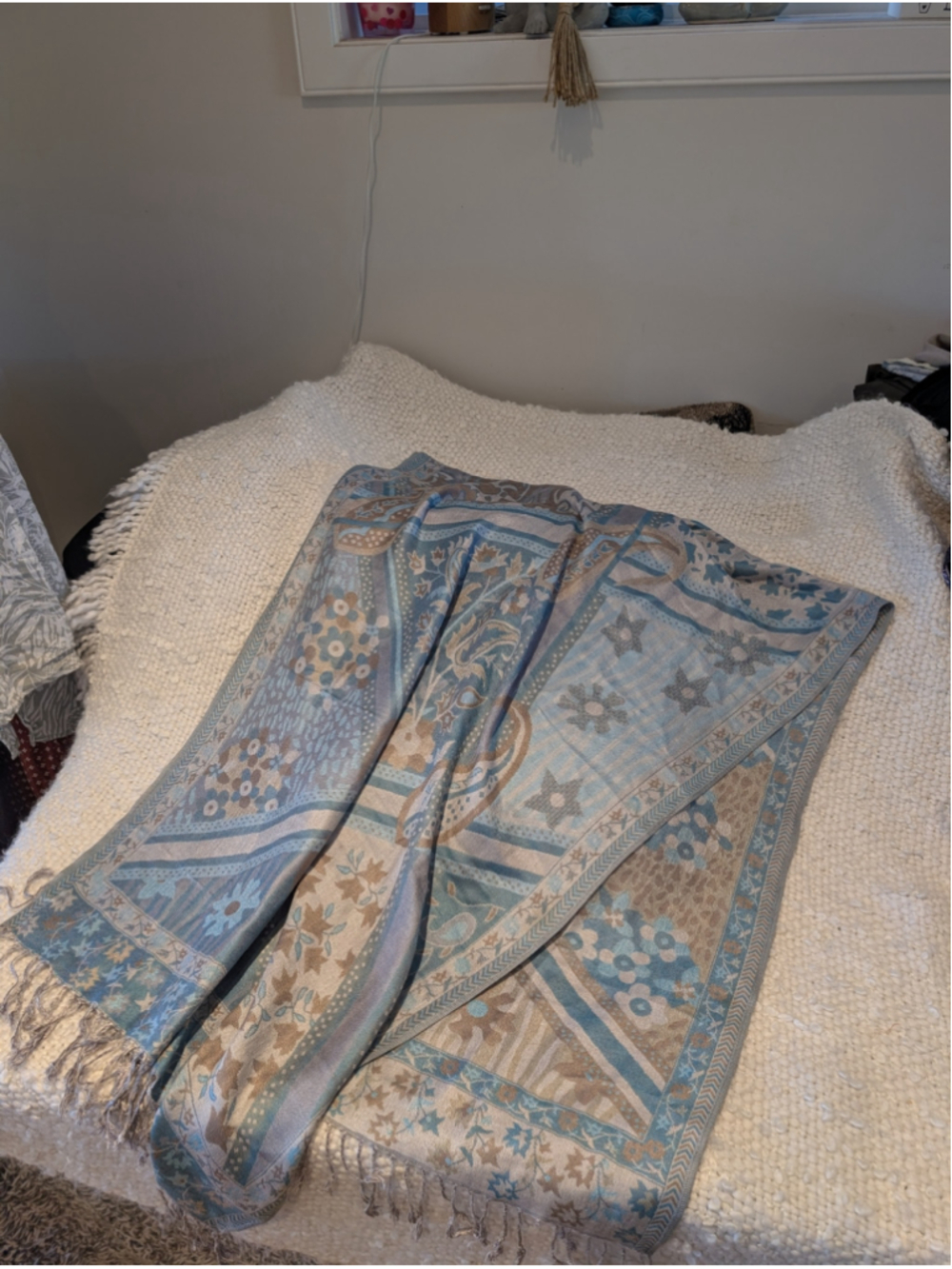 Boho Blue Taupe Paisley Floral Fringed Scarf Wrap Shawl - Picture 3 of 4